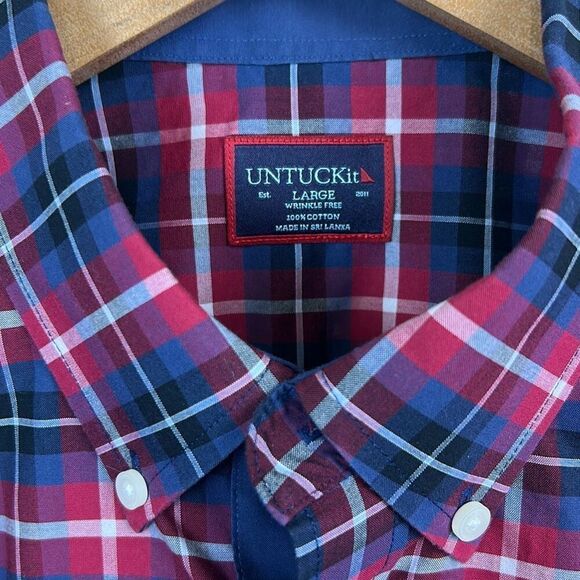 UnTuckIt Men’s Button Front Shirt Sz Large Red Blue Plaid Long Slv Wrinkle Free - Picture 2 of 6
